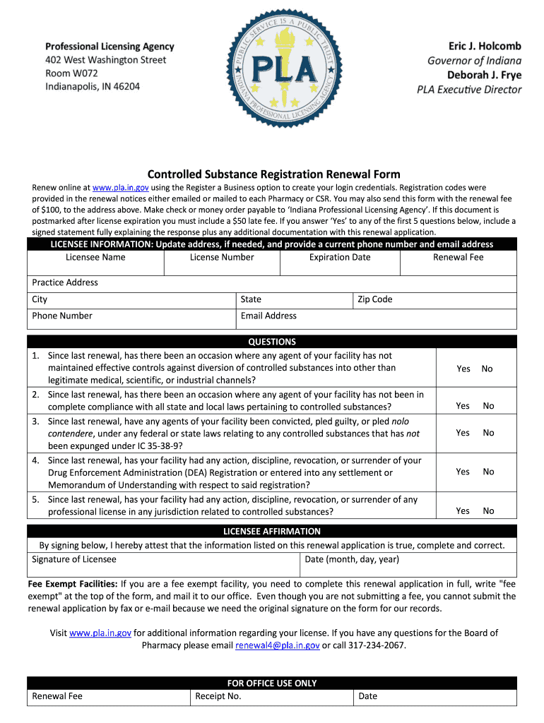 Fillable Online Controlled Substance Registration Renewal Form IN.gov