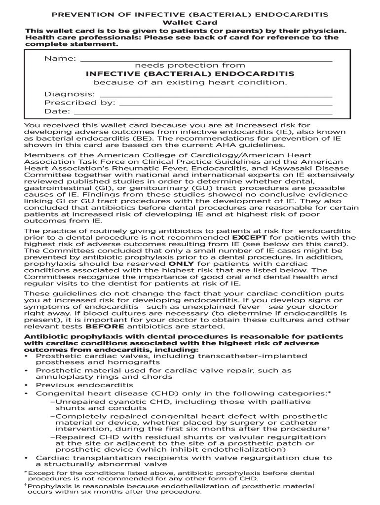 Downloadable Endocarditis Prophylaxis Wallet Card Preview on Page 1
