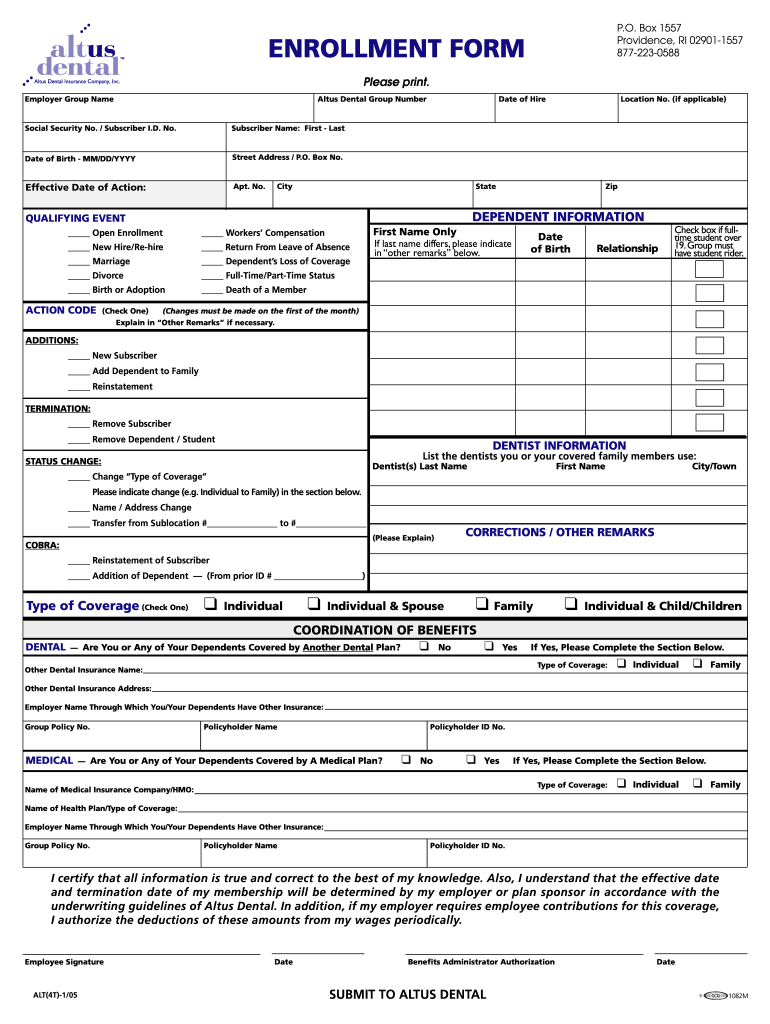 Fillable Online Altus Dental Enrollment Form wayland.ma.us Fax Email