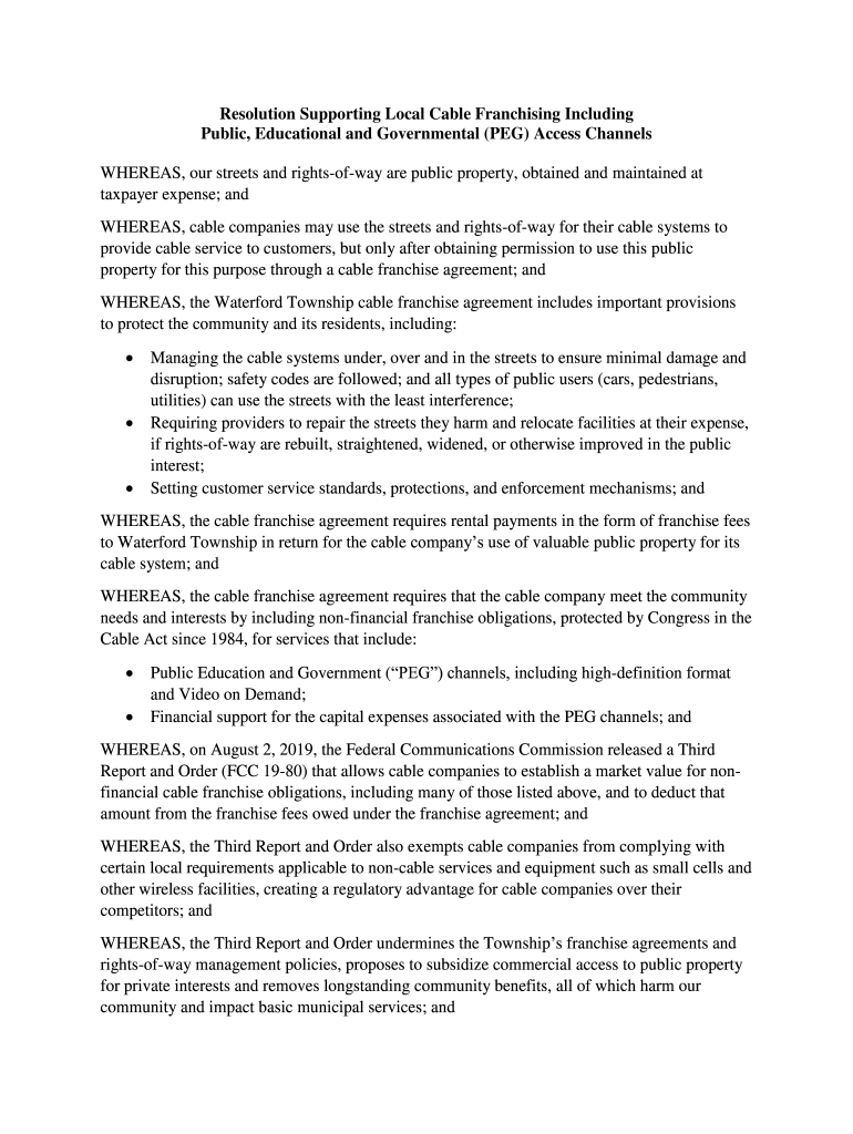 Fillable Online Resolution Supporting Local Cable Franchising Including
