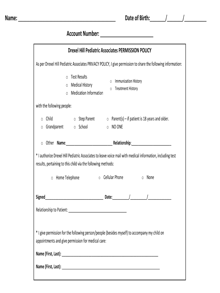 Fillable Online Account Number Drexel Hill Pediatrics Fax Email Print pdfFiller