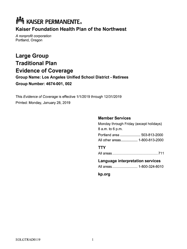 Fillable Online Kaiser Permanente Traditional HMO Plan Los Angeles