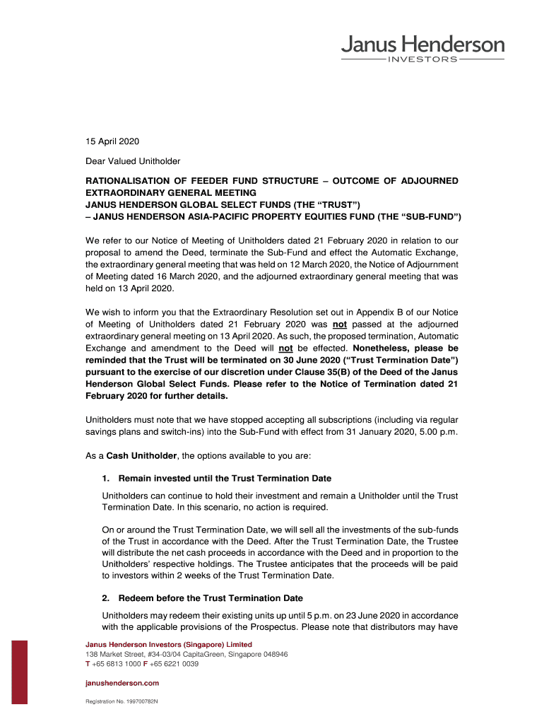 Fillable Online rationalisation of feeder fund structure janus ...