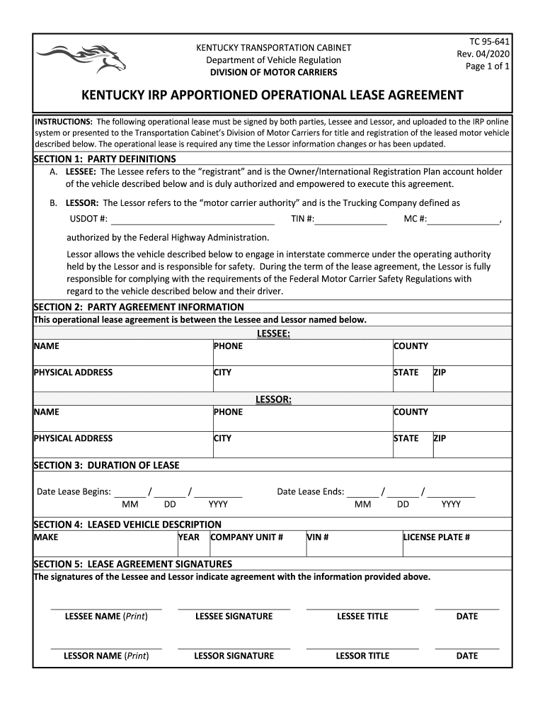kentucky irp apportioned operational lease agreement Preview on Page 1
