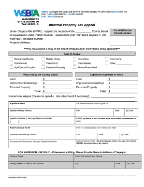 Under Chapter 456-10 WAC, I appeal the decision of the County Board of Equalization under Petition Number , assessment yearwith taxes payable in(the next year), for parcel number