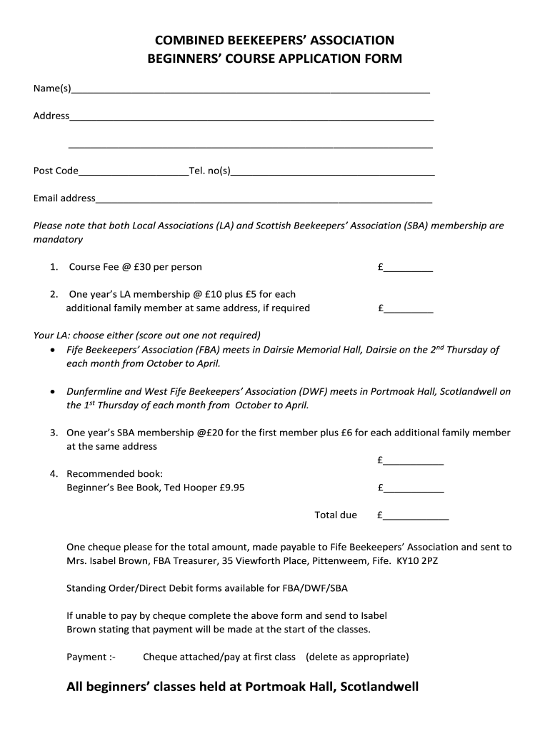 Fillable Online Beginnersapplicationform Beekeeping Fife Fax Email