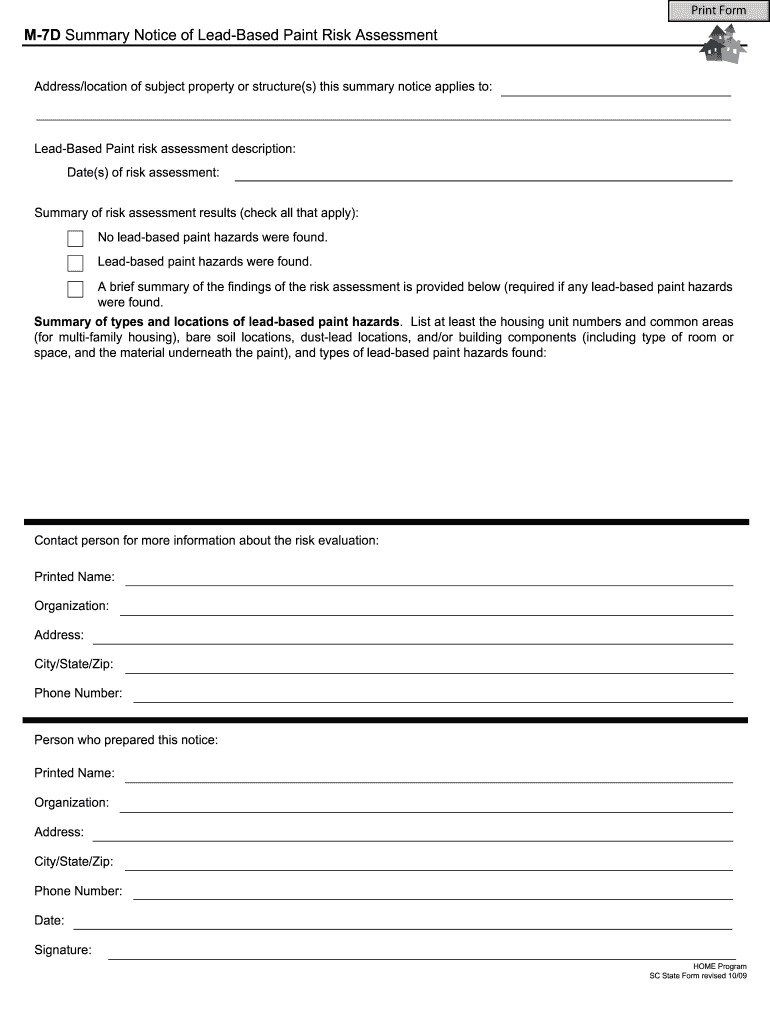 Fillable Online M7D Summary Notice of LeadBased Paint Risk Assessment