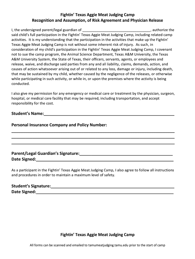Fillable Online Fightin' Texas Aggie Meat Judging Camp Recognition and Fax Email Print
