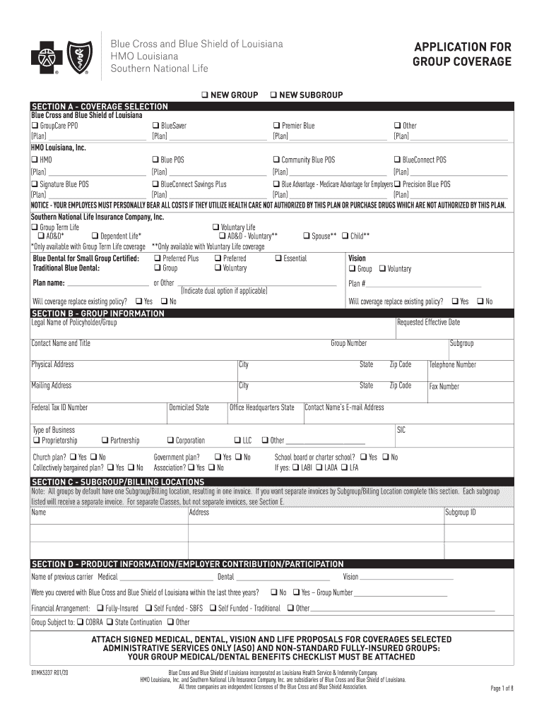 Fillable Online Blue Cross and Blue Shield of Louisiana APPLICATION FOR ...