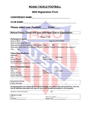 NCAAU TACKLE FOOTBALL 2020 Registration Form