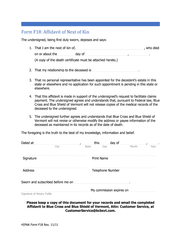 Fillable Online Fillable Online Form F18: Affidavit of Next of Kin Fax ...