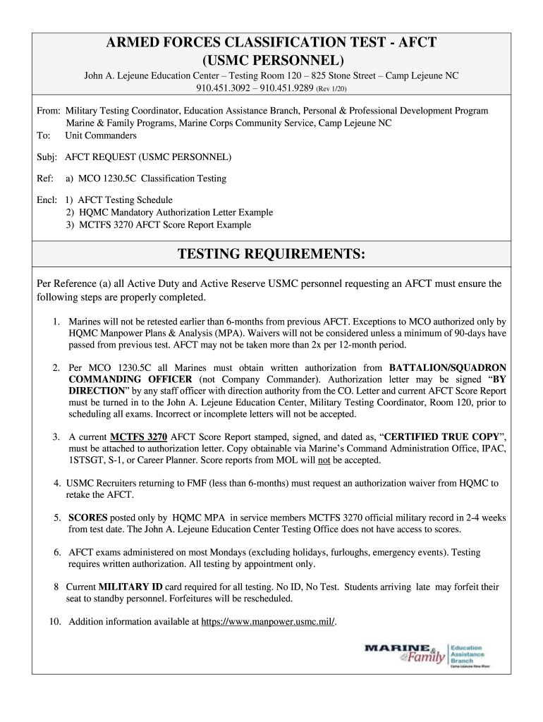 Fillable Online armed forces classification test afct (usmc personnel
