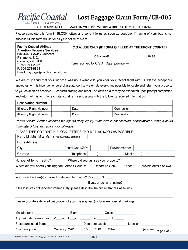 Fillable Online Lost Baggage Claim Form/CB-005 - Pacific Coastal ...