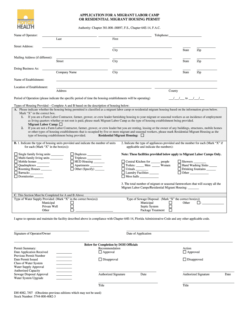 application for a migrant labor camp or residential migrant Preview on Page 1