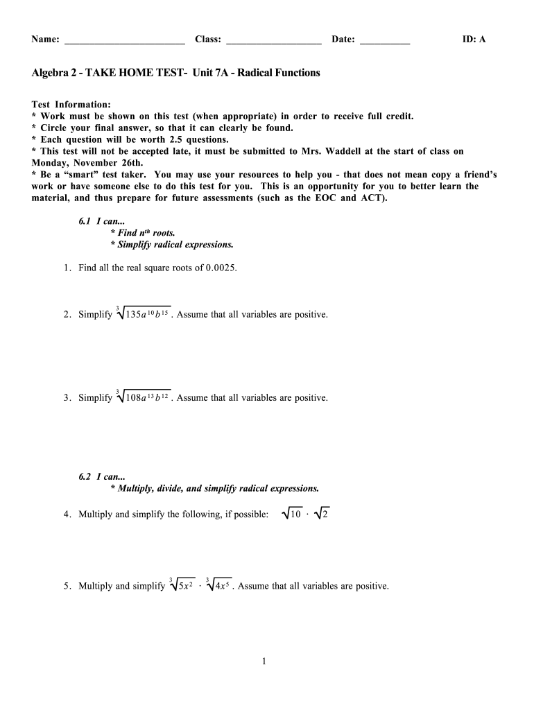 Unit 6 Test Study Guide Radical Functions Answer Key Pdf - Fill Online ...