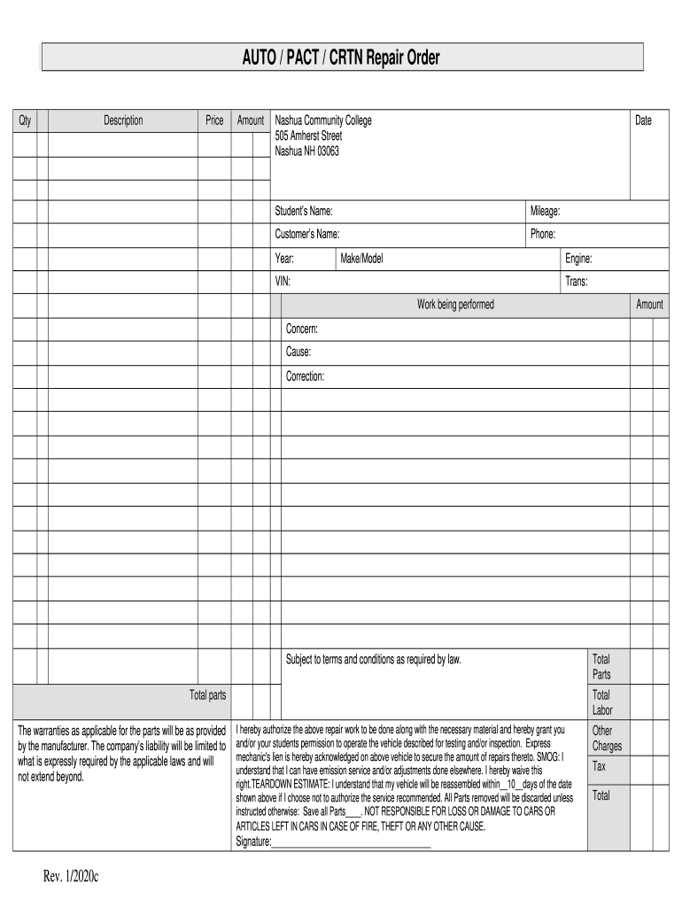 Fillable Online Auto Repair Order Business Form Template. Printable ...