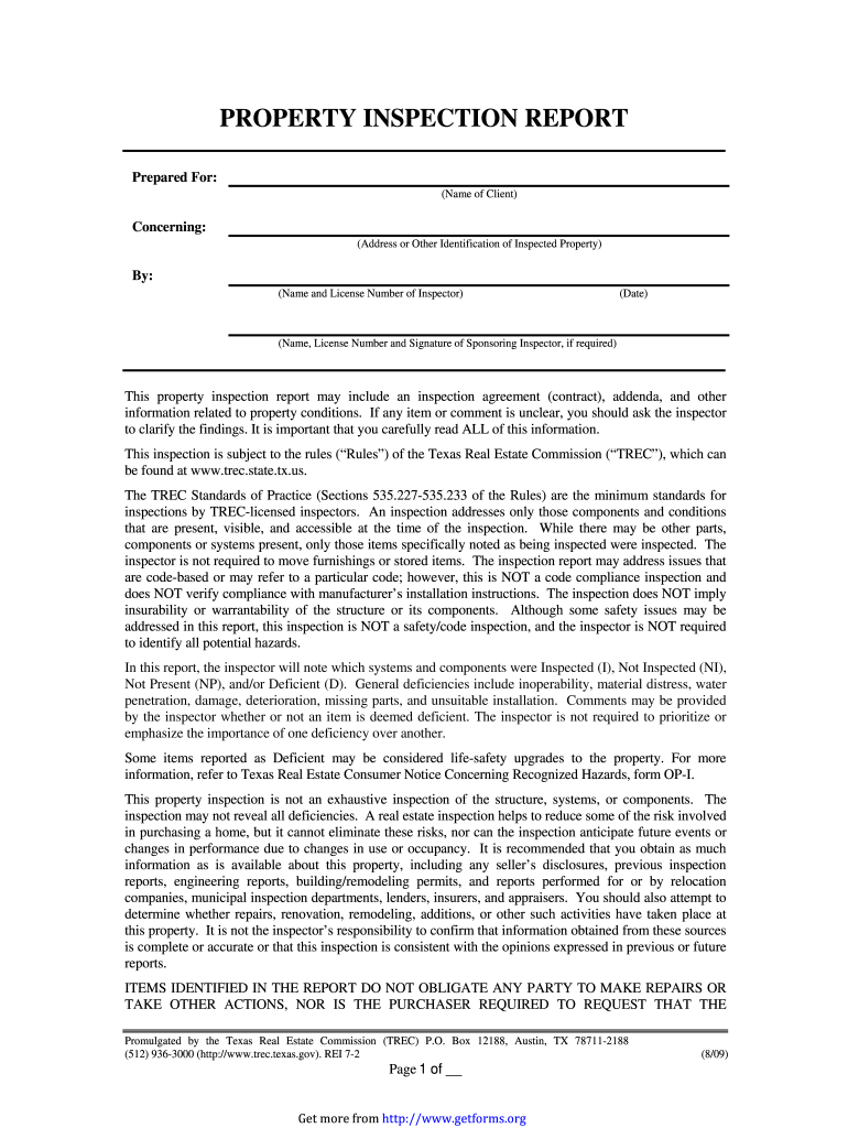 Fillable Online Form REI 72, Property Inspection Report Form Fax Email