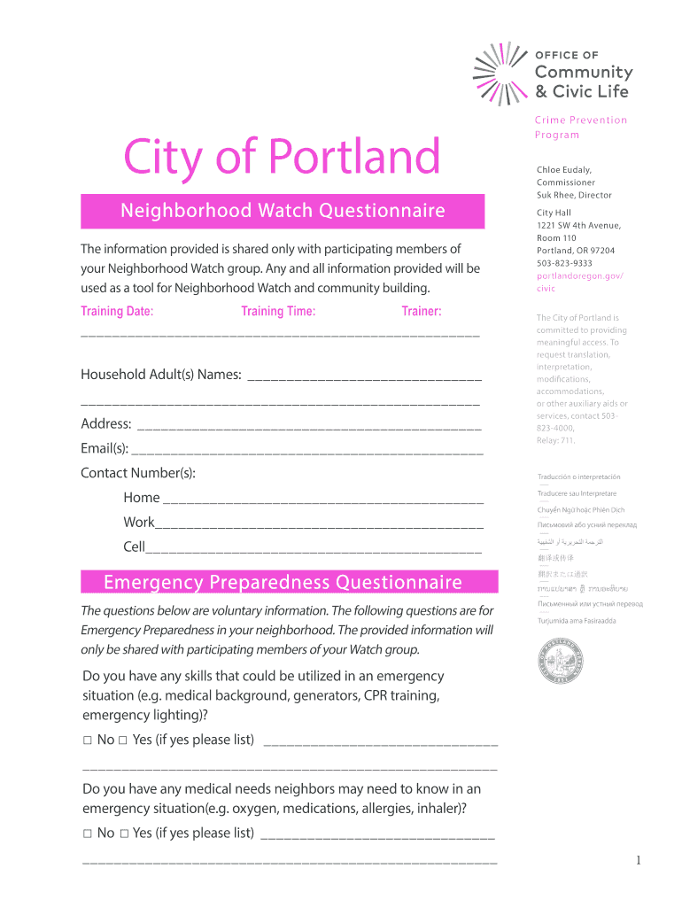 Neighborhood Watch Questionnaire Preview on Page 1