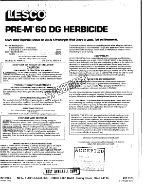 Fillable Online U S Epa Pesticide Product Label Lesco Pre M 60 Dg Herbicide 06 04 1992 Pesticide Product Label Lesco Pre M 60 Dg Herbicide Fax Email Print Pdffiller