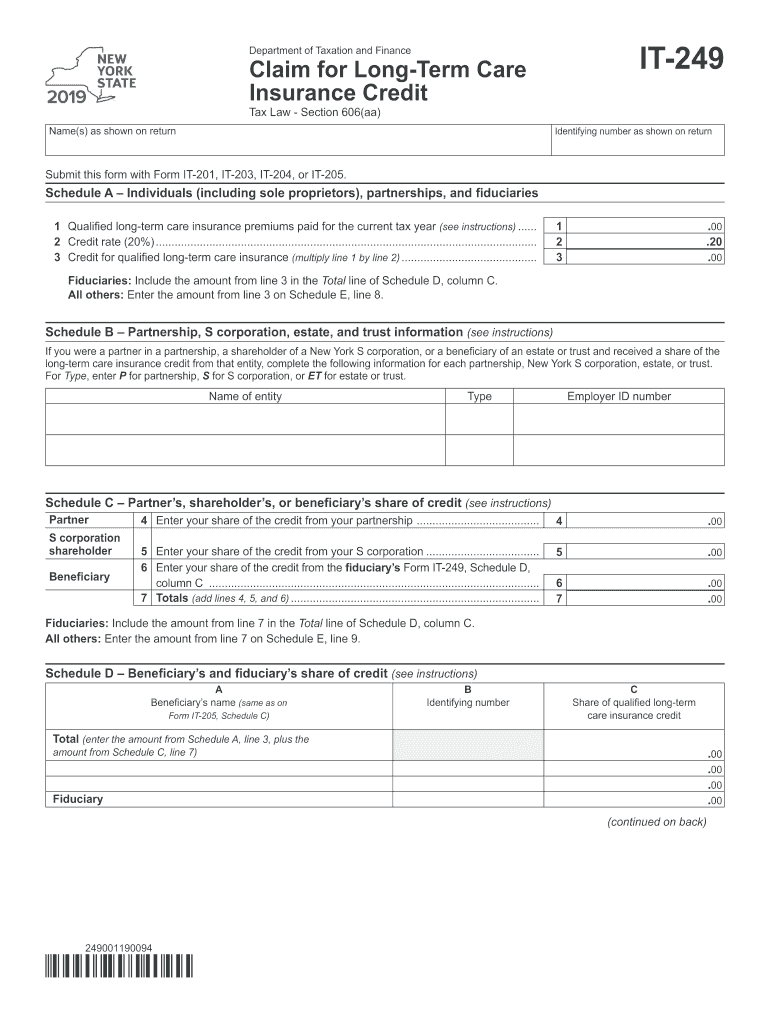 Form IT-249:2019:Claim for Long-Term Care Insurance Credit Preview on Page 1