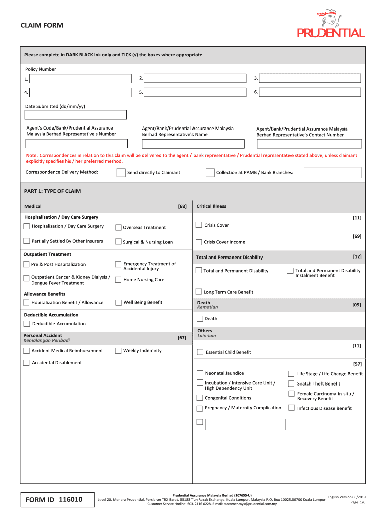 Fillable Online form id claim form 116010 Prudential Malaysia Fax