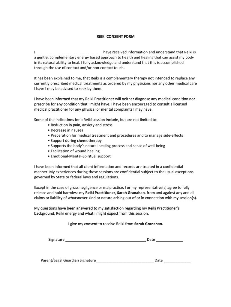 reiki consent form template Preview on Page 1