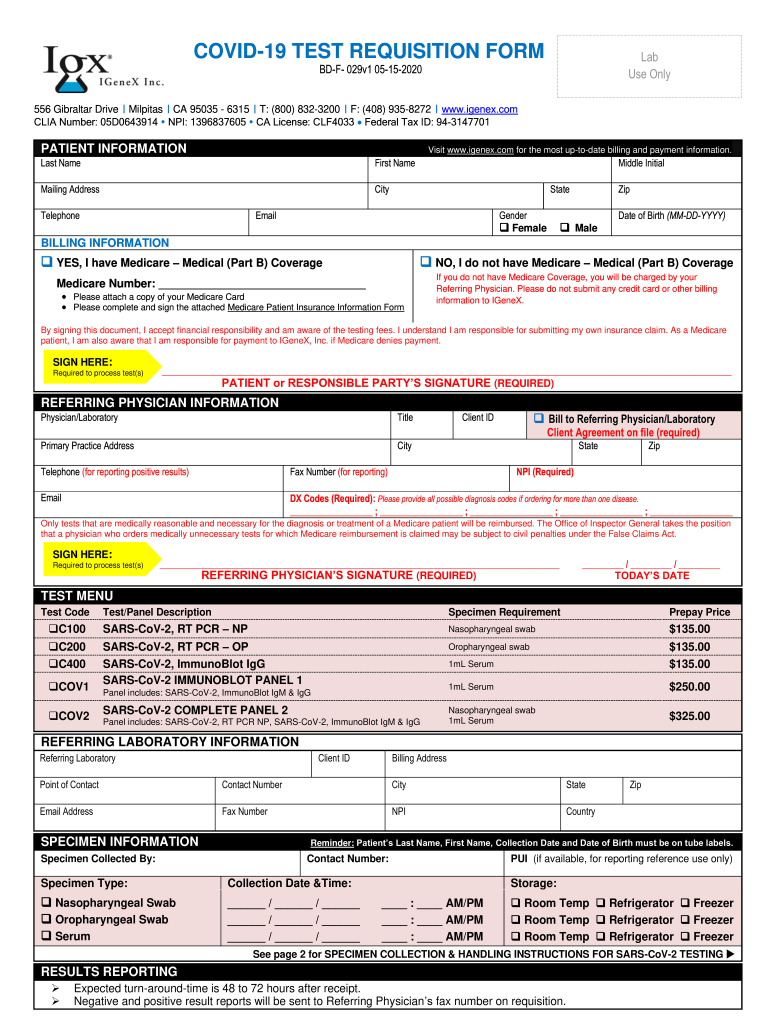 COVID 19 TEST REQUISITION FORM Fill And Sign Printable Template