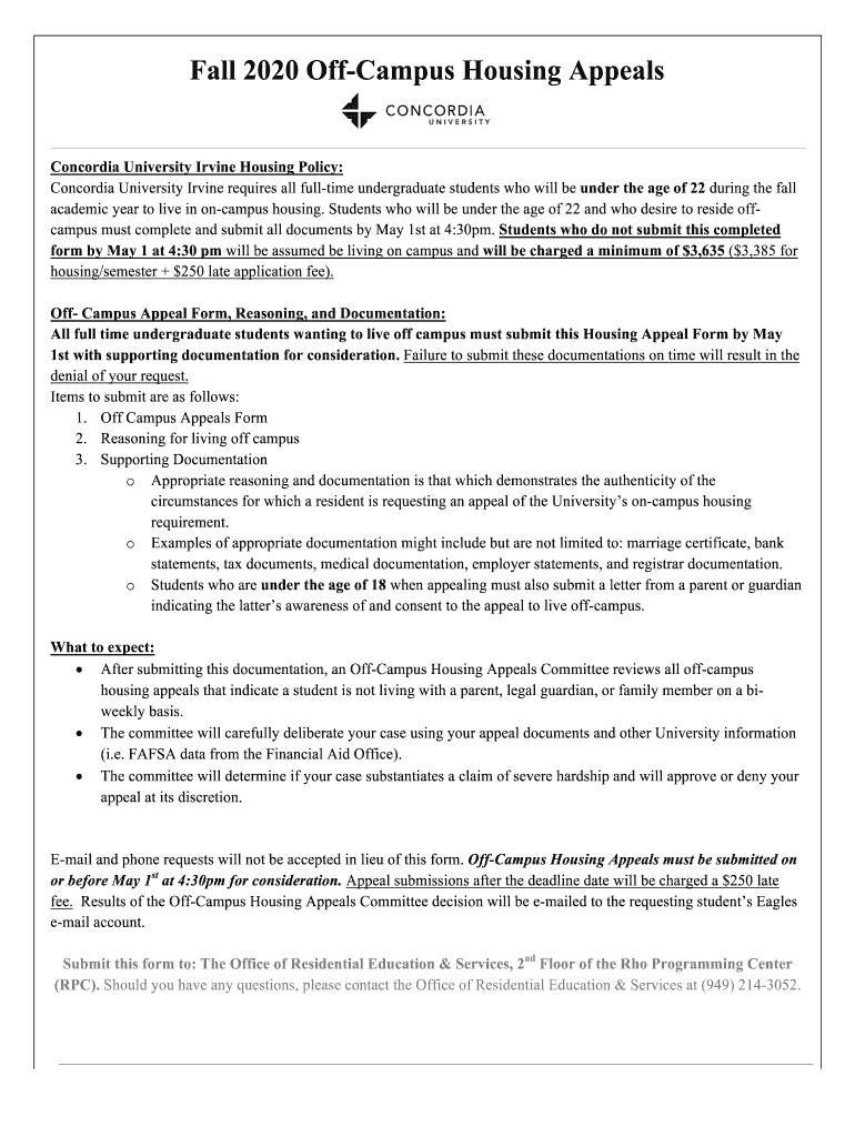 Fillable Online Fall 2020 OffCampus Housing Appeal Form with Kristys
