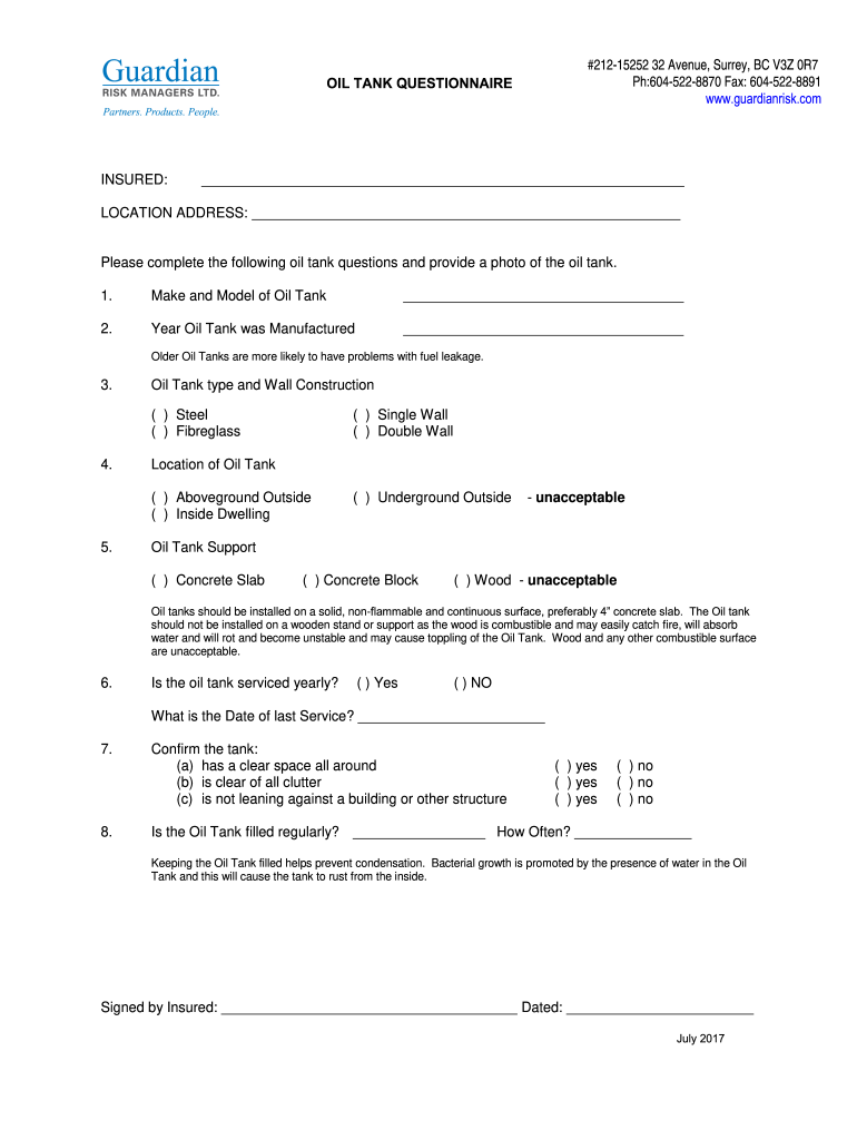 Fillable Online OIL TANK QUESTIONNAIRE Guardian Risk Managers Ltd