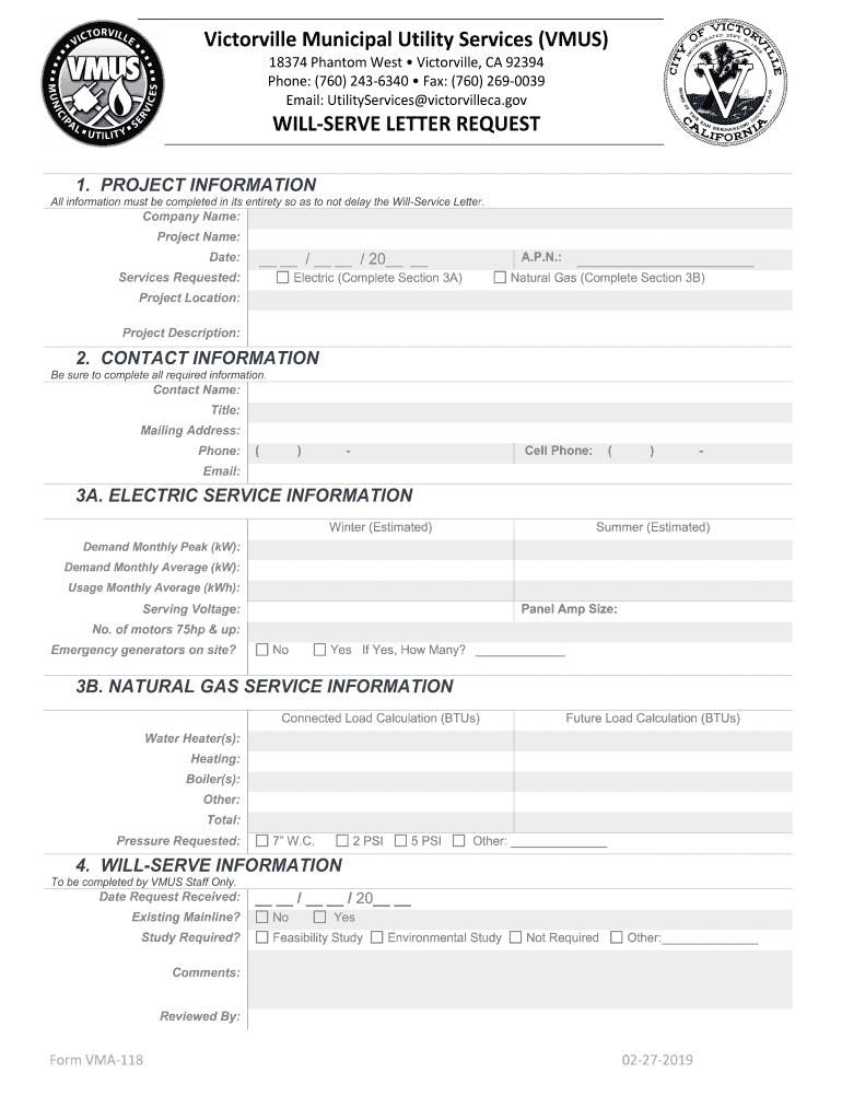 Fillable Online Victorville Municipal Utility Services (VMUS) WILL