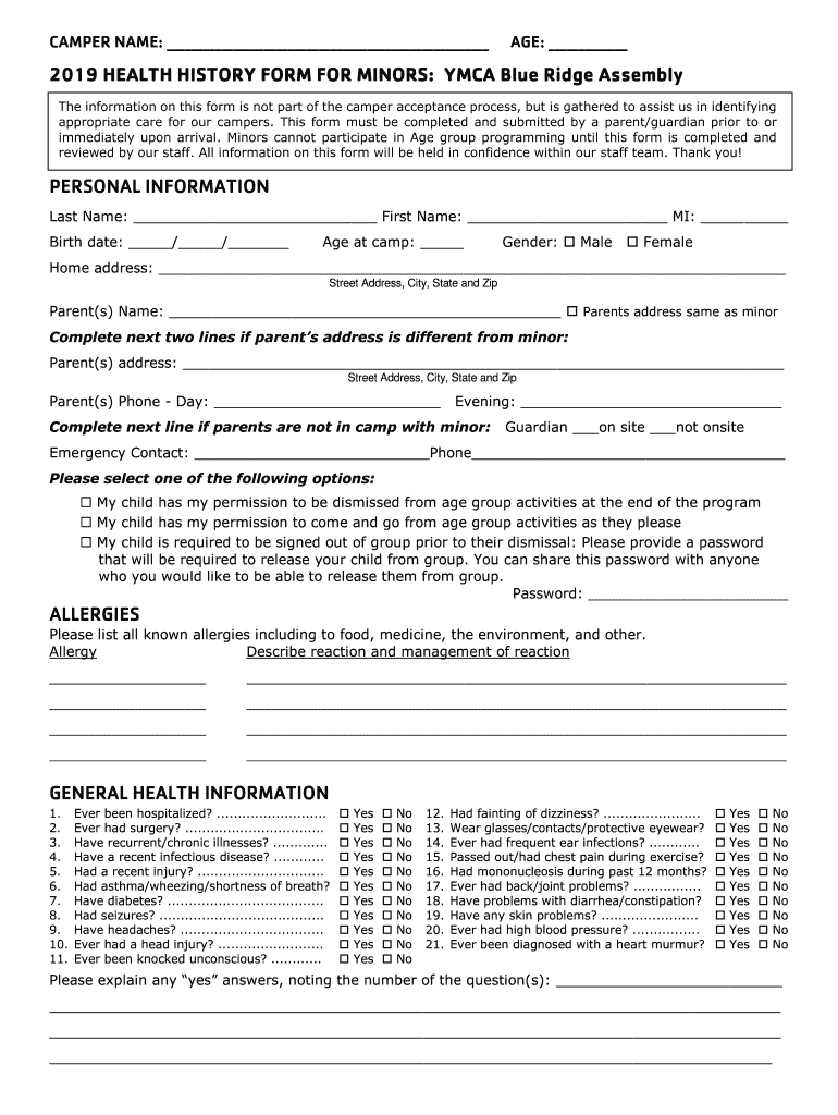 Fillable Online 2019 HEALTH HISTORY FORM FOR MINORS YMCA Blue Ridge