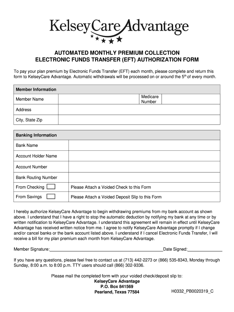 Fillable Online (eft) authorization form - KelseyCare Advantage Fax ...
