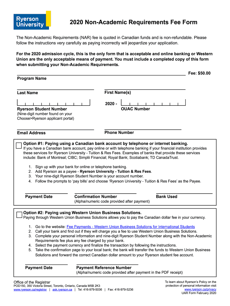 2020 2024 Canada Ryerson University Non Academic Requirements Fee Form