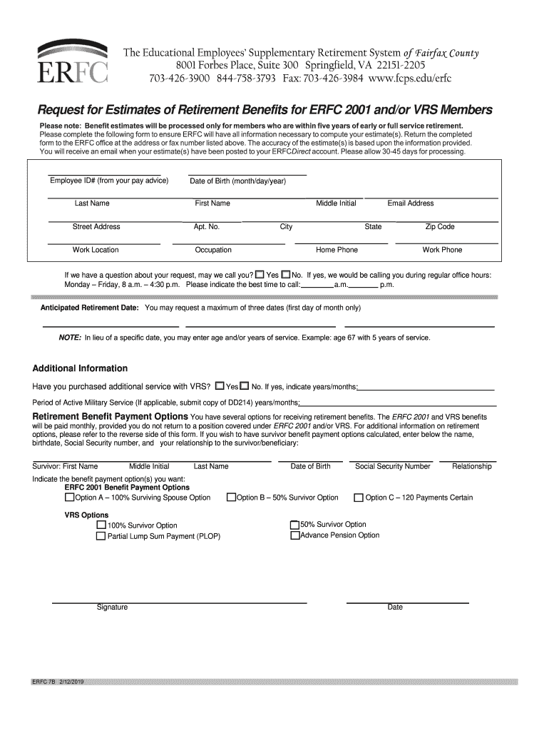 ERFC7B Request for Estimates of Retirement Benefits for ERFC-2001 and or VRS Members Preview on Page 1