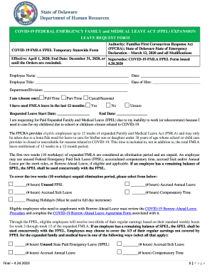 &quot;Families First Coronavirus Response Act Emergency Family and Medical Leave Expansion FPEL Request Form&quot;. Notice of Eligibility and Rights &amp; Responsibilities (Family and Medical Leave Act)