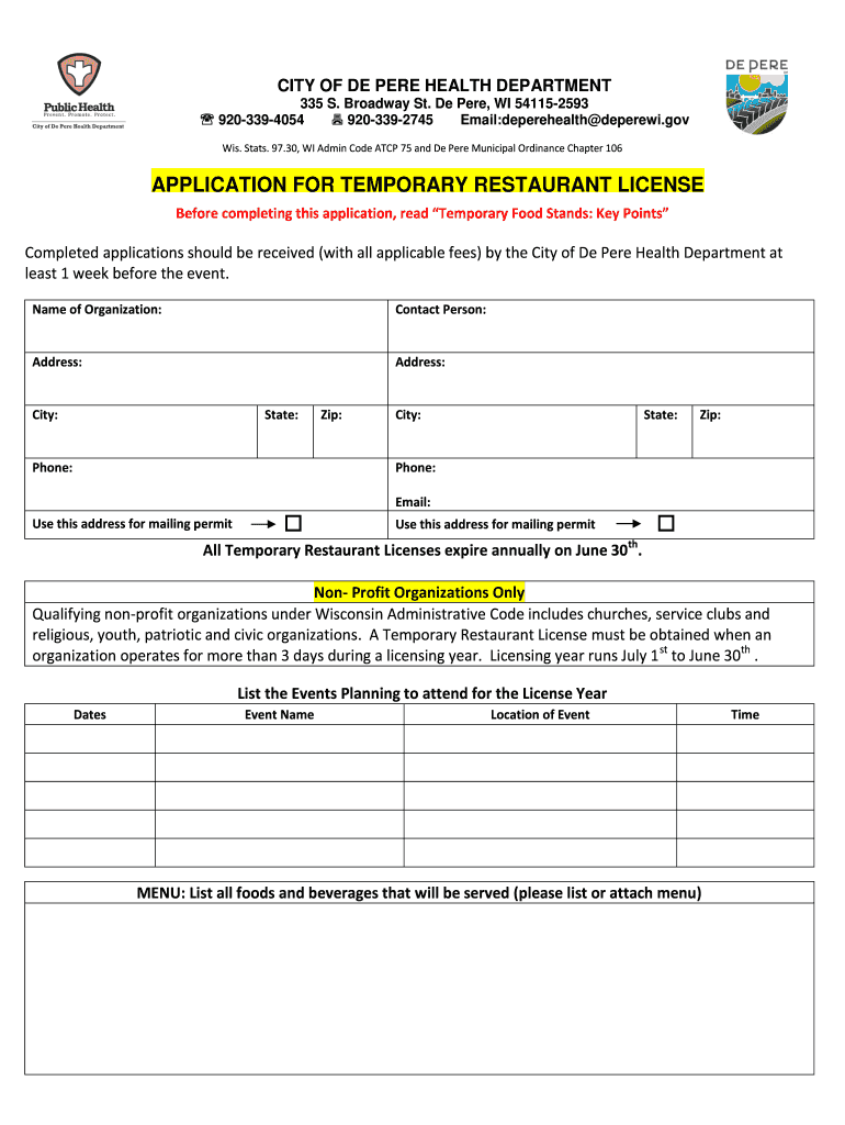 Fillable Online City of De Pere Health DepartmentNational Prevention