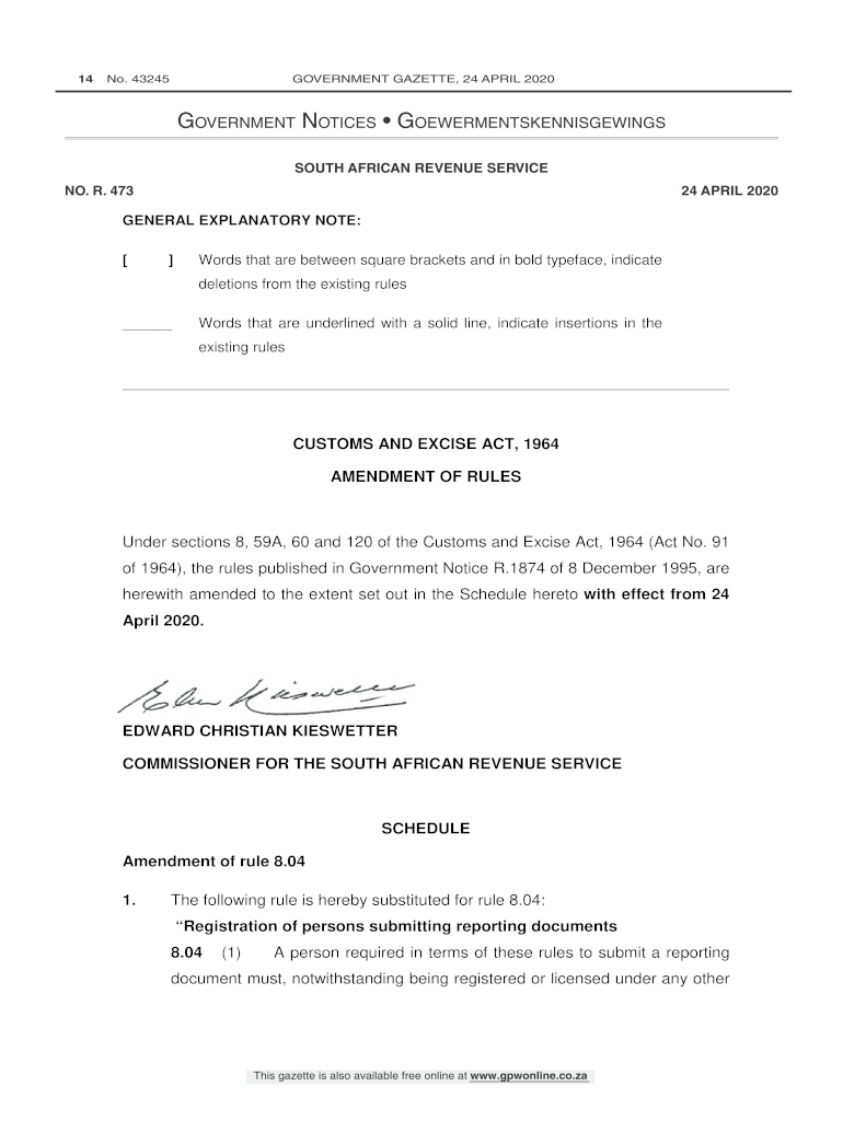 Fillable Online Customs and Excise Act, 1964 Amendment of Rules under