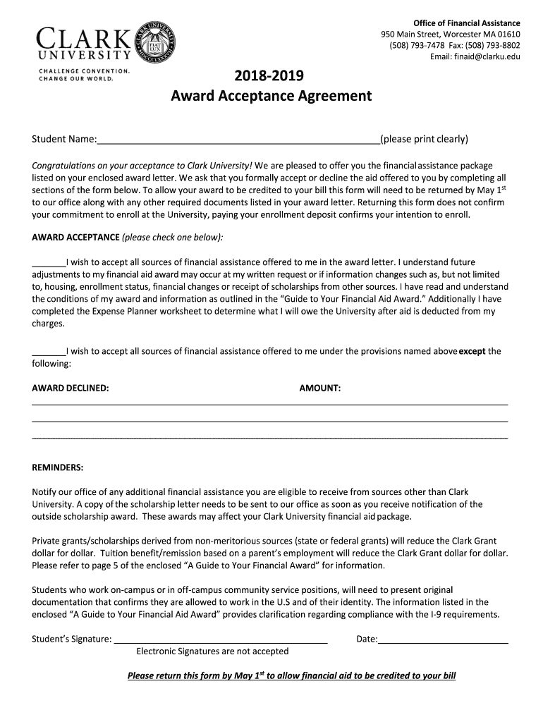 Fillable Online 1819 Award Acceptance Agreement.docx Fax Email Print pdfFiller