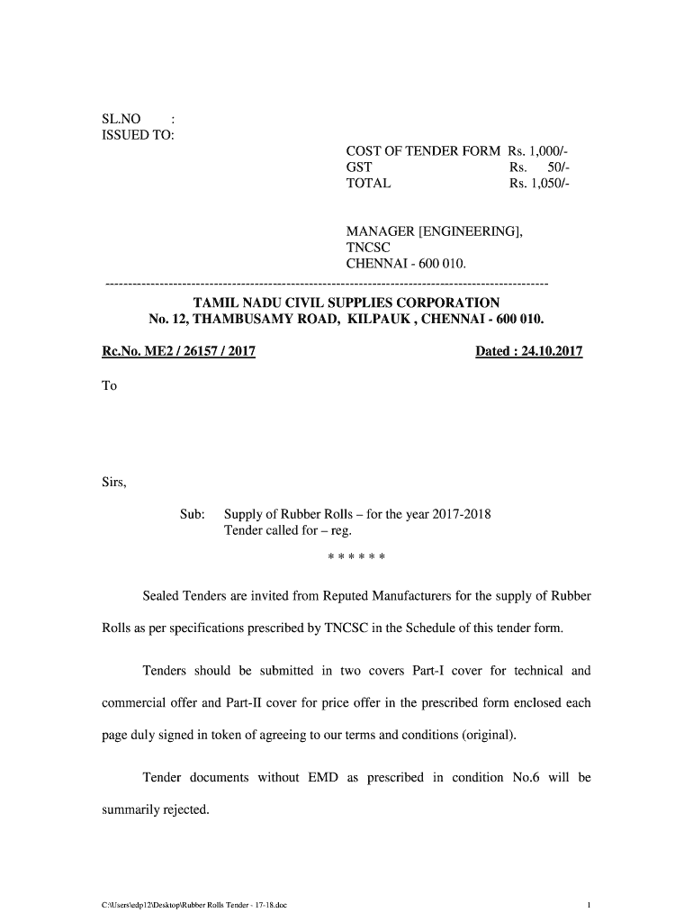 Fillable Online SL.NO ISSUED TO COST OF TENDER FORM Rs. 1,000