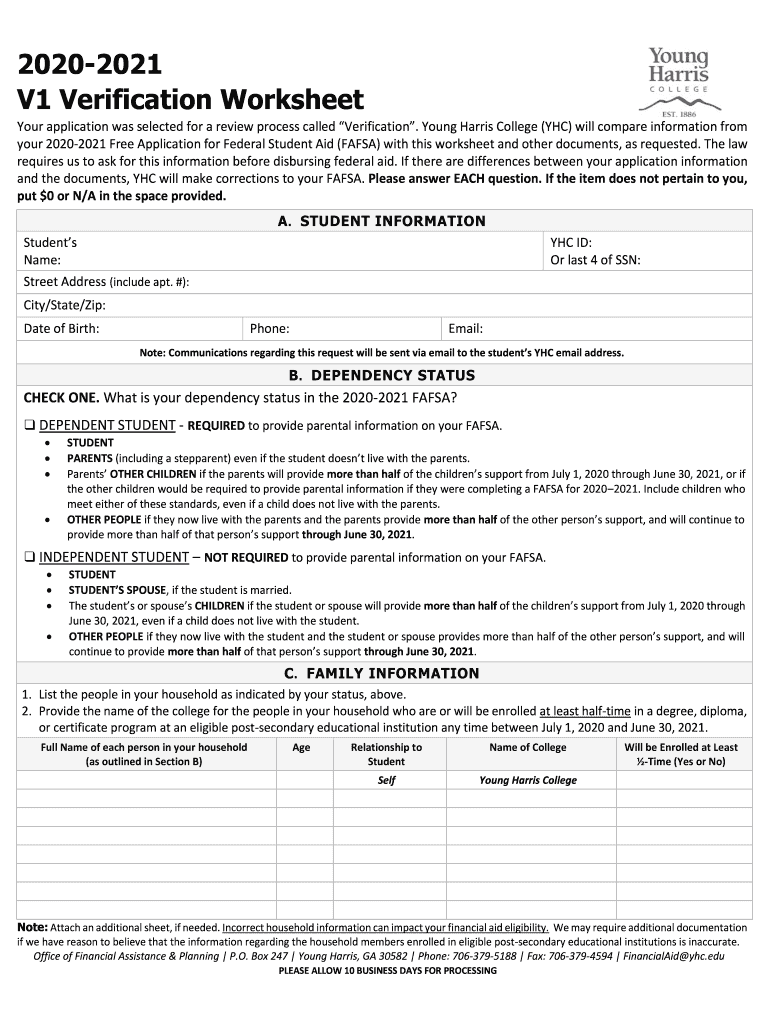 2020-2021 V1 Verification Worksheet - Young Harris College Preview on Page 1