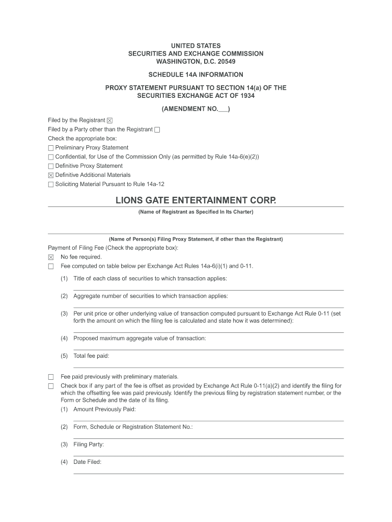 Fillable Online lions gate entertainment corp. Lionsgate Investor