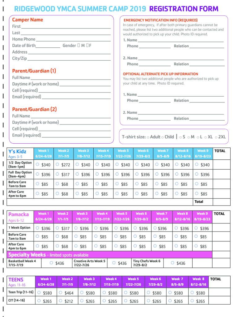 Fillable Online RIDGEWOOD YMCA SUMMER CAMP 2019 REGISTRATION FORM Fax
