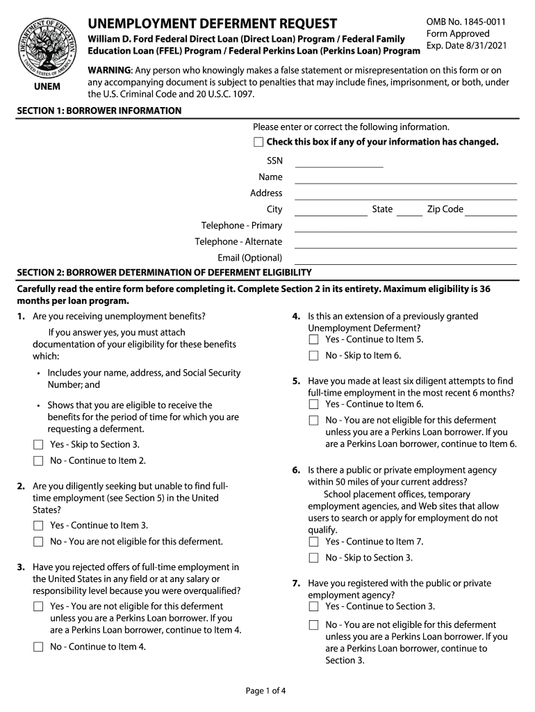 unem unemployment deferment fillable Preview on Page 1