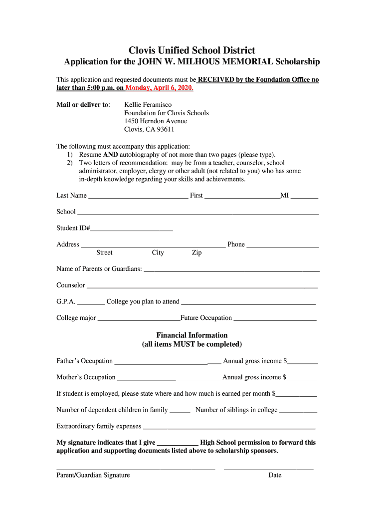 John W Milhous Memorial Scholarship - Clovis Unified Preview on Page 1