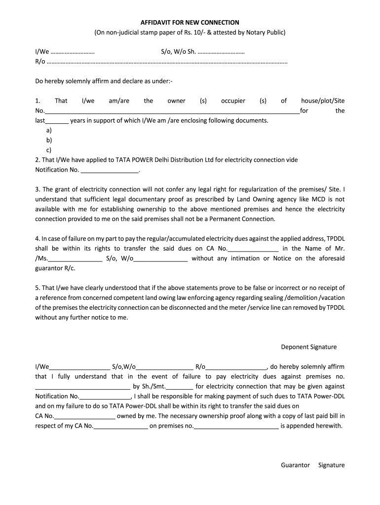 Fillable Online AFFIDAVIT FOR NEW CONNECTION Tata Power Fax Email
