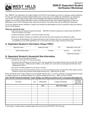 FA Form 1 - Dependent Student Verification Worksheet