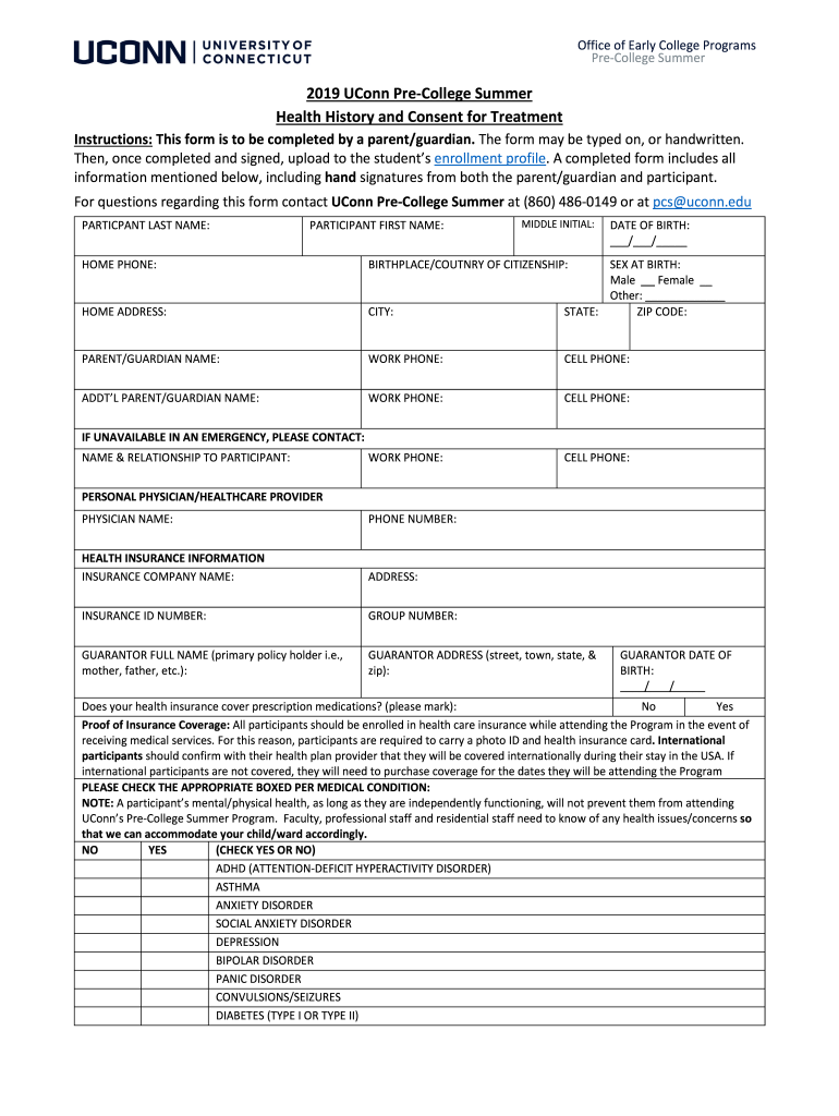 2019 PCS Student Health Form - UConn Pre-College Summer Preview on Page 1