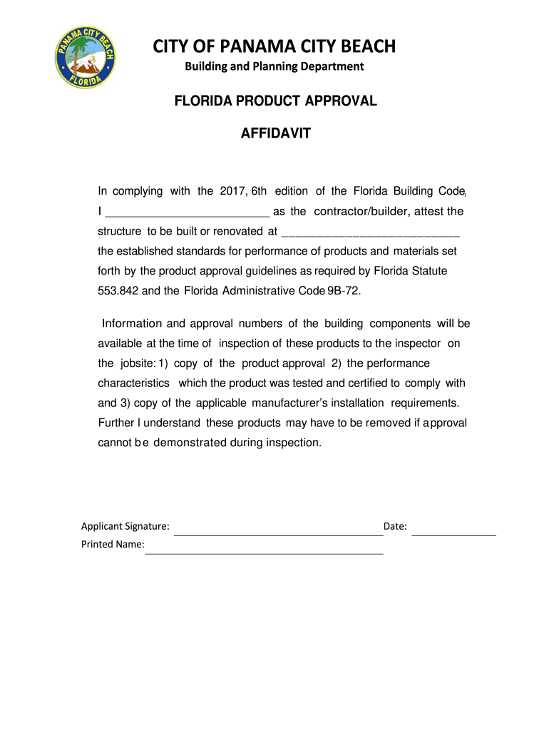 Fillable Online florida product approval affidavit City of Panama