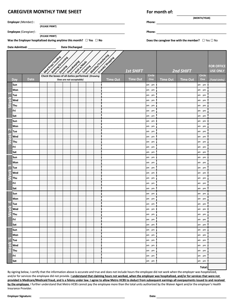 Fillable Online CAREGIVER MONTHLY TIME SHEET For Month Of Fax Email 