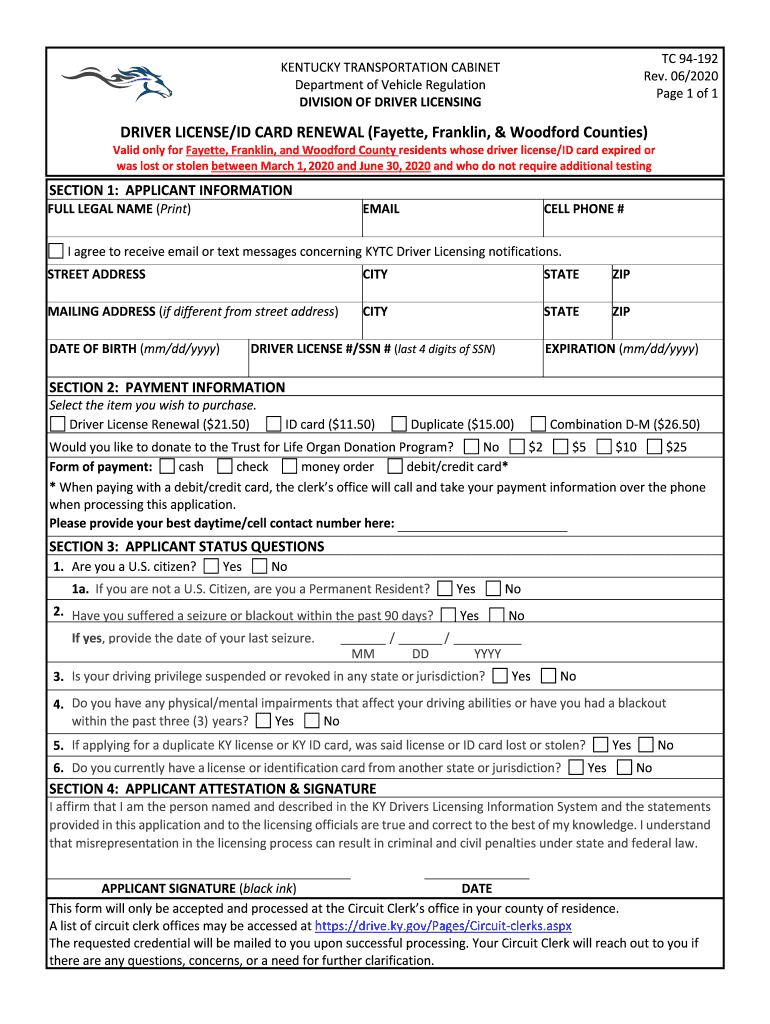 kentucky driver's license renewal form Preview on Page 1